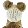 imageCC 2 Ear Pom Pom Cable Knit Soft Stretch Cuff Skully Beanie HatFaux Fur Ivory