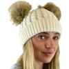 imageCC 2 Ear Pom Pom Cable Knit Soft Stretch Cuff Skully Beanie HatFaux Fur Ivory