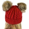imageCC 2 Ear Pom Pom Cable Knit Soft Stretch Cuff Skully Beanie HatFaux Fur Red