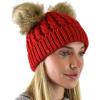 imageCC 2 Ear Pom Pom Cable Knit Soft Stretch Cuff Skully Beanie HatFaux Fur Red