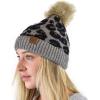 imageCC Animal Print Soft Warm Knit Cuff Faux Fur Pom BeanieLight Melange Gray
