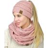 imageCC BeanieTail Messy High Bun Cable Knit Beanie and Infinity Loop Scarf SetIndi Pink