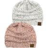 imageCC BeanieTail Soft Stretch Cable Knit Messy High Bun Ponytail Beanie Hat 2 PackConfetti IvoryConfetti Indi Pink