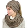 imageCC Colorful Confetti BeanieTail Messy High Bun Cable Knit Beanie and Infinity Loop Scarf SetTaupe