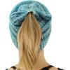 imageCC Exclusives Soft Stretch Cable Knit Messy Bun Ponytail Beanie Winter Hat for Women MB20AQuad Blue