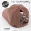 imageCC Exclusives Stone Washed Corduroy CrissCross Ponytail Baseball Cap for Women Adjustable High Bun HatTaupe