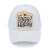 imageCC Exclusives Washed Distressed Embroidered Patch Cotton Denim CrissCross Ponytail Hat Adjustable Baseball CapBee Happy  White