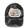 imageCC Exclusives Washed Distressed Embroidered Patch Cotton Denim CrissCross Ponytail Hat Adjustable Baseball CapHappy Camper  Black Camo