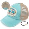 imageCC Exclusives Washed Distressed Embroidered Patch Cotton Denim CrissCross Ponytail Hat Adjustable Baseball CapHappy Camper  Mint