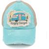 imageCC Exclusives Washed Distressed Embroidered Patch Cotton Denim CrissCross Ponytail Hat Adjustable Baseball CapHappy Camper  Mint