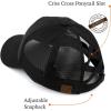 imageCC Exclusives Washed Distressed Embroidered Patch Cotton Denim CrissCross Ponytail Hat Adjustable Baseball CapHello Sunshine  Black