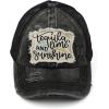 imageCC Exclusives Washed Distressed Embroidered Patch Cotton Denim CrissCross Ponytail Hat Adjustable Baseball CapTequila  Black