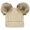 imageCC Kids Cable Knit Double Pom Beanie for Kids  Comfortable Soft Warm Children Youth Skully Hat with PomNatural Faux Fur Pom Beige