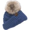 imageCC Trendy Fuzzy Fleece Lined Warm Comfortable Soft Stretch Cable Knit Ribbed Faux Fur Pom Pom Beanie HatDark Denim Blue