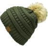 imageCC Trendy Fuzzy Fleece Lined Warm Comfortable Soft Stretch Cable Knit Ribbed Faux Fur Pom Pom Beanie HatDark Olive Green