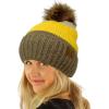 imageCC Winter Sherpa Fleeced Lined Chunky Knit Stretch Pom Pom Beanie Hat Cap Block Stripe Mustard One Size