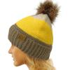 imageCC Winter Sherpa Fleeced Lined Chunky Knit Stretch Pom Pom Beanie Hat Cap Block Stripe Mustard One Size