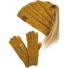 imageCC BeanieTail Messy High Bun Cable Knit Beanie and AntiSlip Touchscreen Gloves SetConfetti Mustard