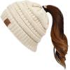 imageCC Exclusives Soft Stretch Cable Knit Messy Bun Ponytail Beanie Winter Hat for Women MB20A Beige1