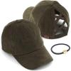 imageCC Exclusives Stone Washed Corduroy CrissCross Ponytail Baseball Cap for Women Adjustable High Bun HatOlive