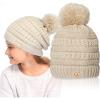 imageCC Kids Beanie Ages 25 Warm Chunky Stretchy Knit Slouch Beanie Skull Kids Hat with PomBeige