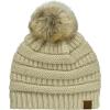 imageCC Trendy Fuzzy Fleece Lined Warm Comfortable Soft Stretch Cable Knit Ribbed Faux Fur Pom Pom Beanie HatBeige