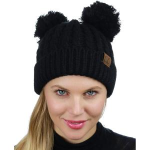 imageCC 2 Ear Pom Pom Cable Knit Soft Stretch Cuff Skully Beanie HatBlack