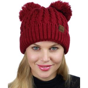imageCC 2 Ear Pom Pom Cable Knit Soft Stretch Cuff Skully Beanie HatBurgundy