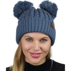 imageCC 2 Ear Pom Pom Cable Knit Soft Stretch Cuff Skully Beanie HatDark Denim