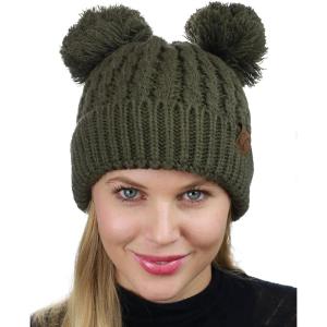 imageCC 2 Ear Pom Pom Cable Knit Soft Stretch Cuff Skully Beanie HatDark Olive