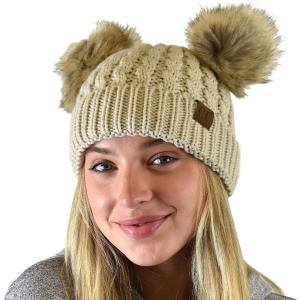 imageCC 2 Ear Pom Pom Cable Knit Soft Stretch Cuff Skully Beanie HatFaux Fur Beige