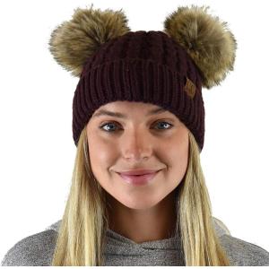 imageCC 2 Ear Pom Pom Cable Knit Soft Stretch Cuff Skully Beanie HatFaux Fur Berry