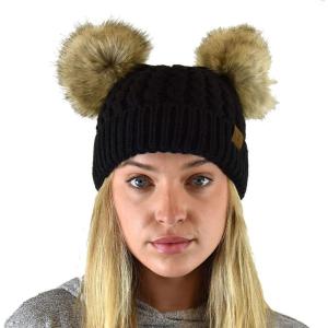 imageCC 2 Ear Pom Pom Cable Knit Soft Stretch Cuff Skully Beanie HatFaux Fur Black