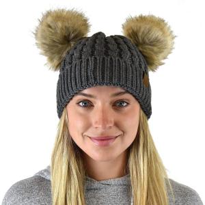 imageCC 2 Ear Pom Pom Cable Knit Soft Stretch Cuff Skully Beanie HatFaux Fur Dark Melange Gray