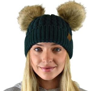 imageCC 2 Ear Pom Pom Cable Knit Soft Stretch Cuff Skully Beanie HatFaux Fur Deep Pine