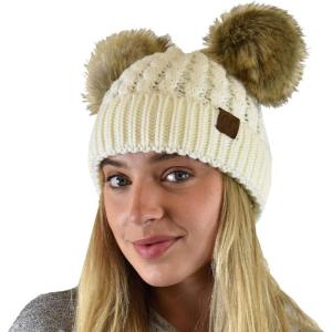 imageCC 2 Ear Pom Pom Cable Knit Soft Stretch Cuff Skully Beanie HatFaux Fur Ivory