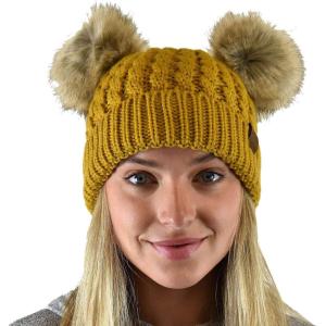 imageCC 2 Ear Pom Pom Cable Knit Soft Stretch Cuff Skully Beanie HatFaux Fur Mustard