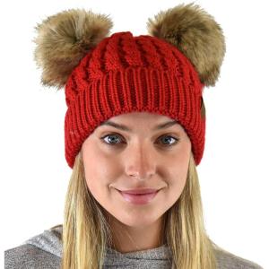 imageCC 2 Ear Pom Pom Cable Knit Soft Stretch Cuff Skully Beanie HatFaux Fur Red