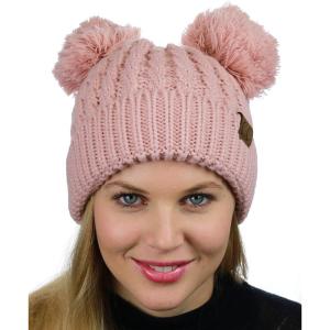 imageCC 2 Ear Pom Pom Cable Knit Soft Stretch Cuff Skully Beanie HatIndi Pink