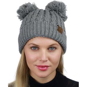 imageCC 2 Ear Pom Pom Cable Knit Soft Stretch Cuff Skully Beanie HatLight Melange Gray