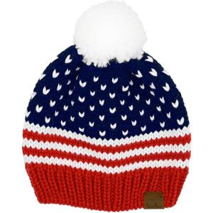 imageCC American Beanie with Iceland Wool Pom for Women Unisex Soft Warm with Iceland Pom Knit Winter Skully HatAmerican Flag