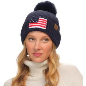 imageCC American Beanie with Iceland Wool Pom for Women Unisex Soft Warm with Iceland Pom Knit Winter Skully HatUsa Flagnavy