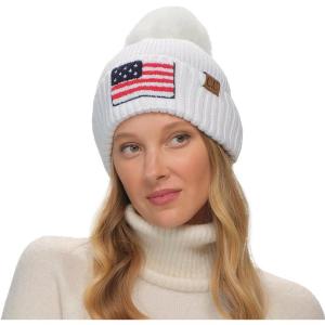 imageCC American Beanie with Iceland Wool Pom for Women Unisex Soft Warm with Iceland Pom Knit Winter Skully HatUsa Flagwhite