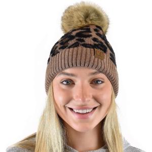 imageCC Animal Print Soft Warm Knit Cuff Faux Fur Pom BeanieMocha