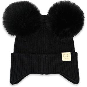 imageCC Baby Double Fur Pom Pom Beanie with Ear Flap for Boys Girls  Comfortable Soft Warm Infant Toddler Baby Knit Skully HatBlack