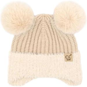 imageCC Baby Double Fur Pom Pom Beanie with Ear Flap for Boys Girls  Comfortable Soft Warm Infant Toddler Baby Knit Skully HatFur  Beige