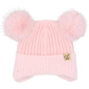 imageCC Baby Double Fur Pom Pom Beanie with Ear Flap for Boys Girls  Comfortable Soft Warm Infant Toddler Baby Knit Skully HatFur  Pink