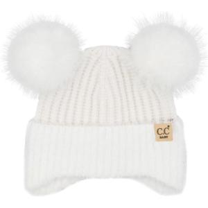 imageCC Baby Double Fur Pom Pom Beanie with Ear Flap for Boys Girls  Comfortable Soft Warm Infant Toddler Baby Knit Skully HatFur  White