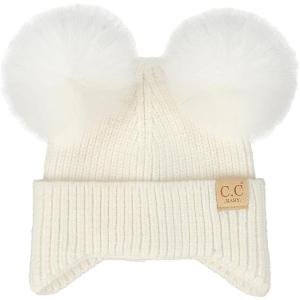 imageCC Baby Double Fur Pom Pom Beanie with Ear Flap for Boys Girls  Comfortable Soft Warm Infant Toddler Baby Knit Skully HatIvory