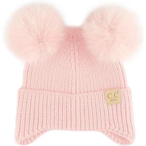 imageCC Baby Double Fur Pom Pom Beanie with Ear Flap for Boys Girls  Comfortable Soft Warm Infant Toddler Baby Knit Skully HatPink